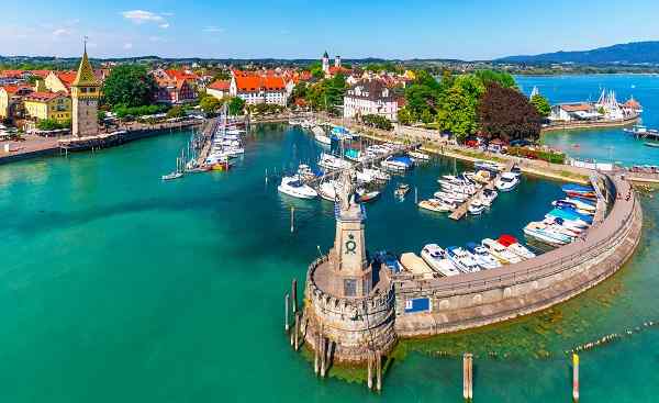 Scenic summer aerial view of the Old Town pier architecture in Lindau  Bodensee or Constance lake  Germany shutterstock 1168888309